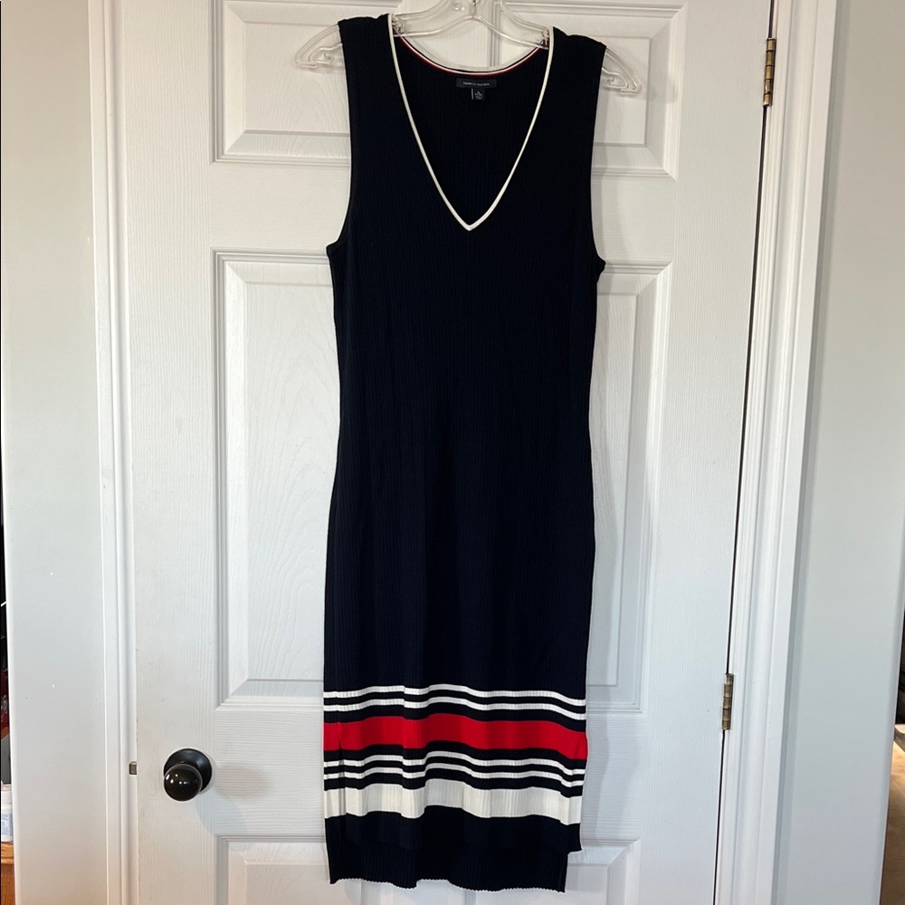 Tommy Hilfiger Black Sleeveless Midi Dress with Red & White Stripe Hem